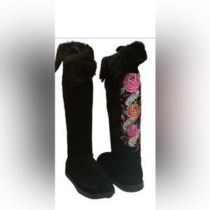 Ed Hardy Black Over the Knee Boots with Floral Embroidery